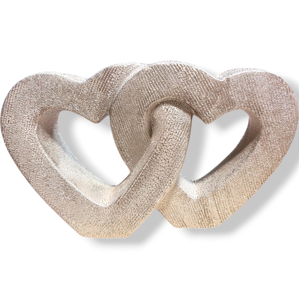 Modern Interlocking Double Heart Sculpture Textured Champagne Gold 9.5 "‎ Decor